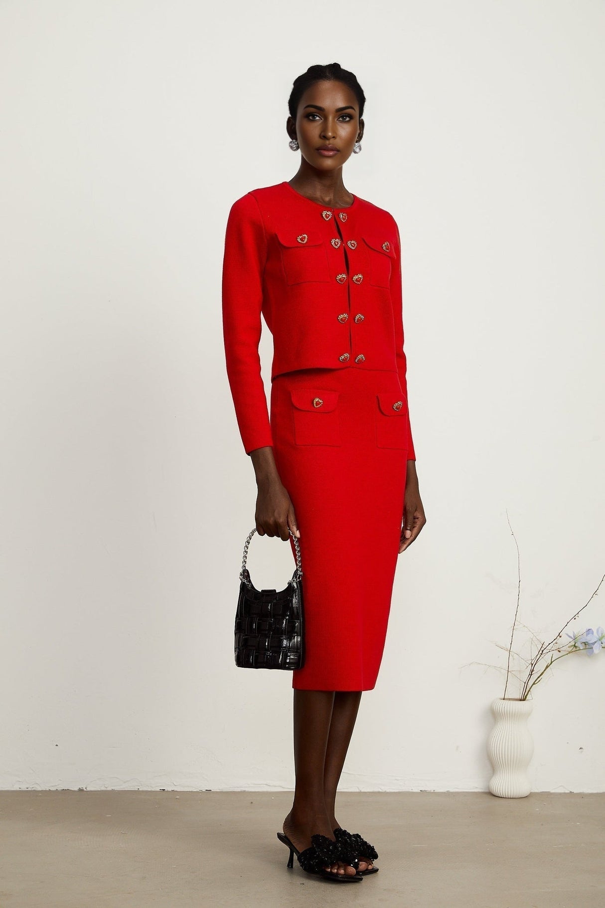 Valeria Cardigan & Skirt Red Knitted Matching Set