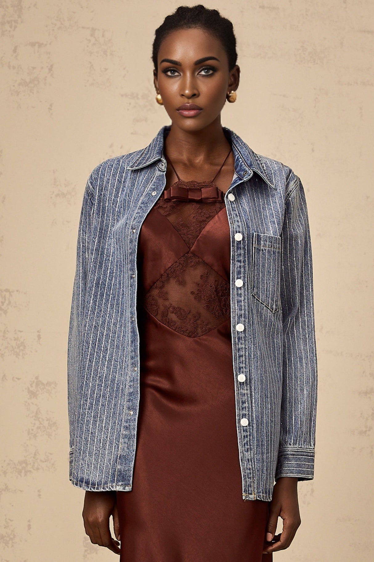 Valeria Denim Shirt Blue Rhinestone Striped Embellished