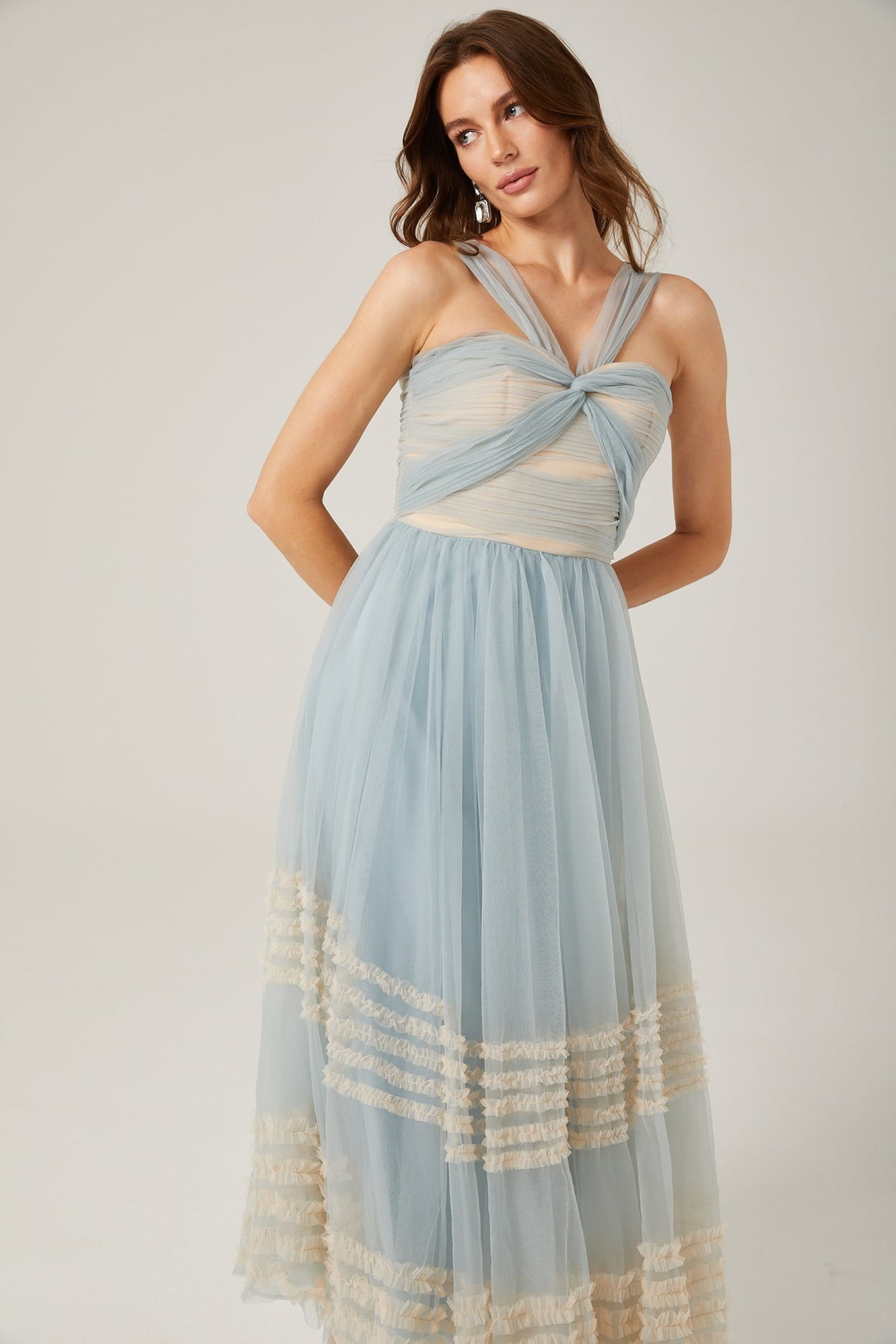 Valeria Maxi Dress in Captivating Blue with Ruched Mesh Detail - Ruffled Pleats