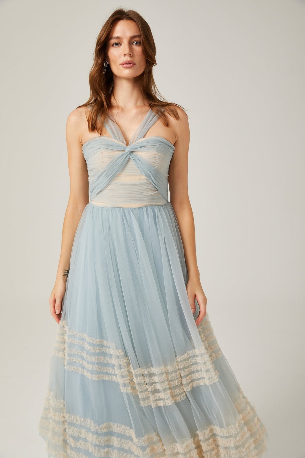 Valeria Maxi Dress in Captivating Blue with Ruched Mesh Detail - Ruffled Pleats
