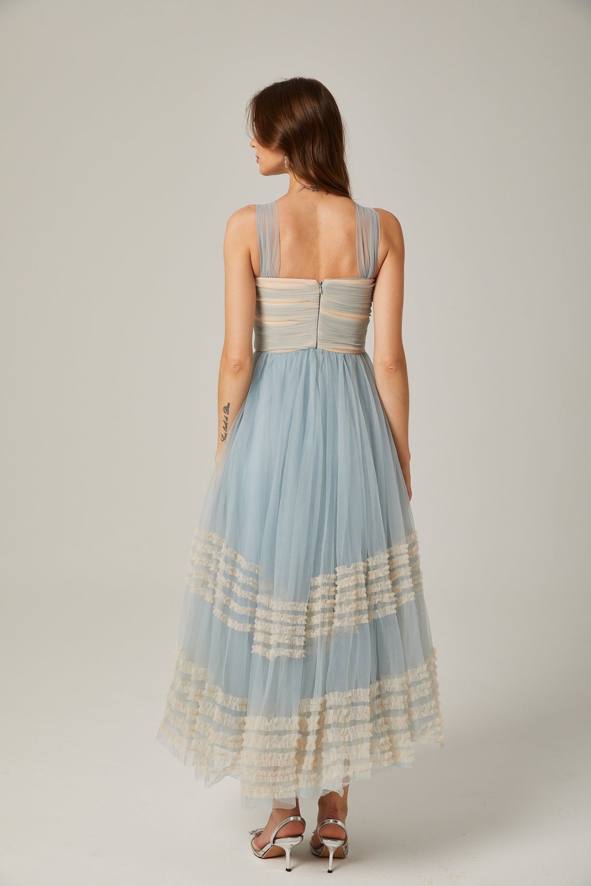 Valeria Maxi Dress in Captivating Blue with Ruched Mesh Detail - Ruffled Pleats