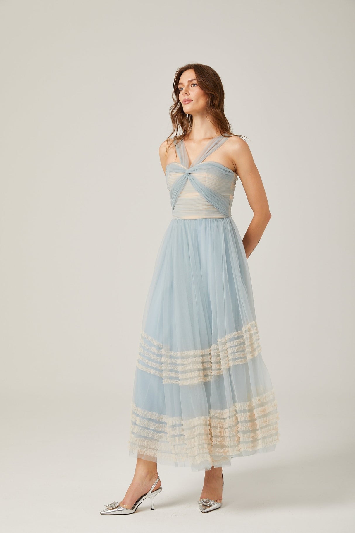 Valeria Maxi Dress in Captivating Blue with Ruched Mesh Detail - Ruffled Pleats