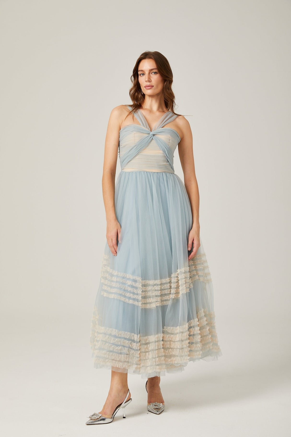Valeria Maxi Dress in Captivating Blue with Ruched Mesh Detail - Ruffled Pleats