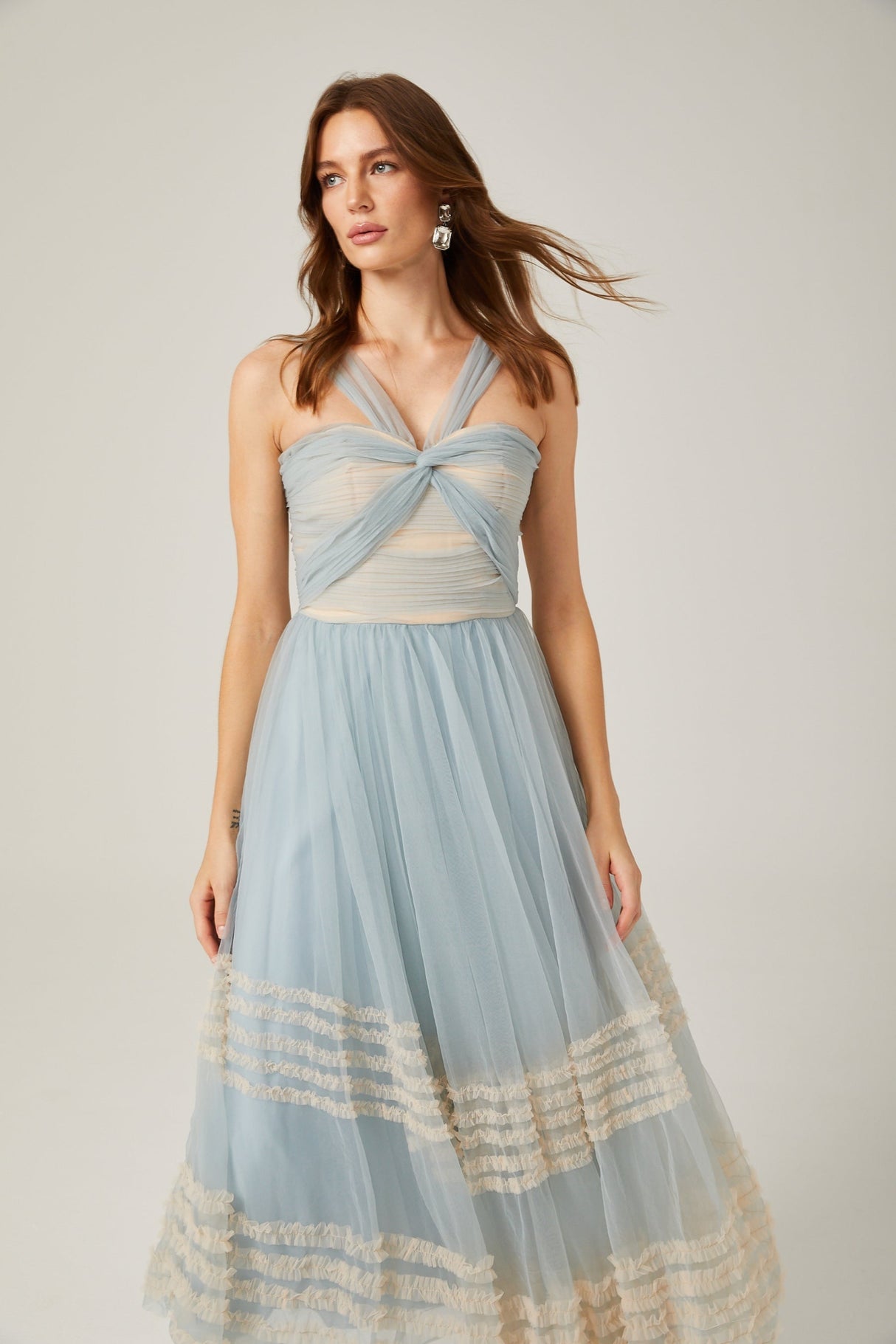 Valeria Maxi Dress in Captivating Blue with Ruched Mesh Detail - Ruffled Pleats