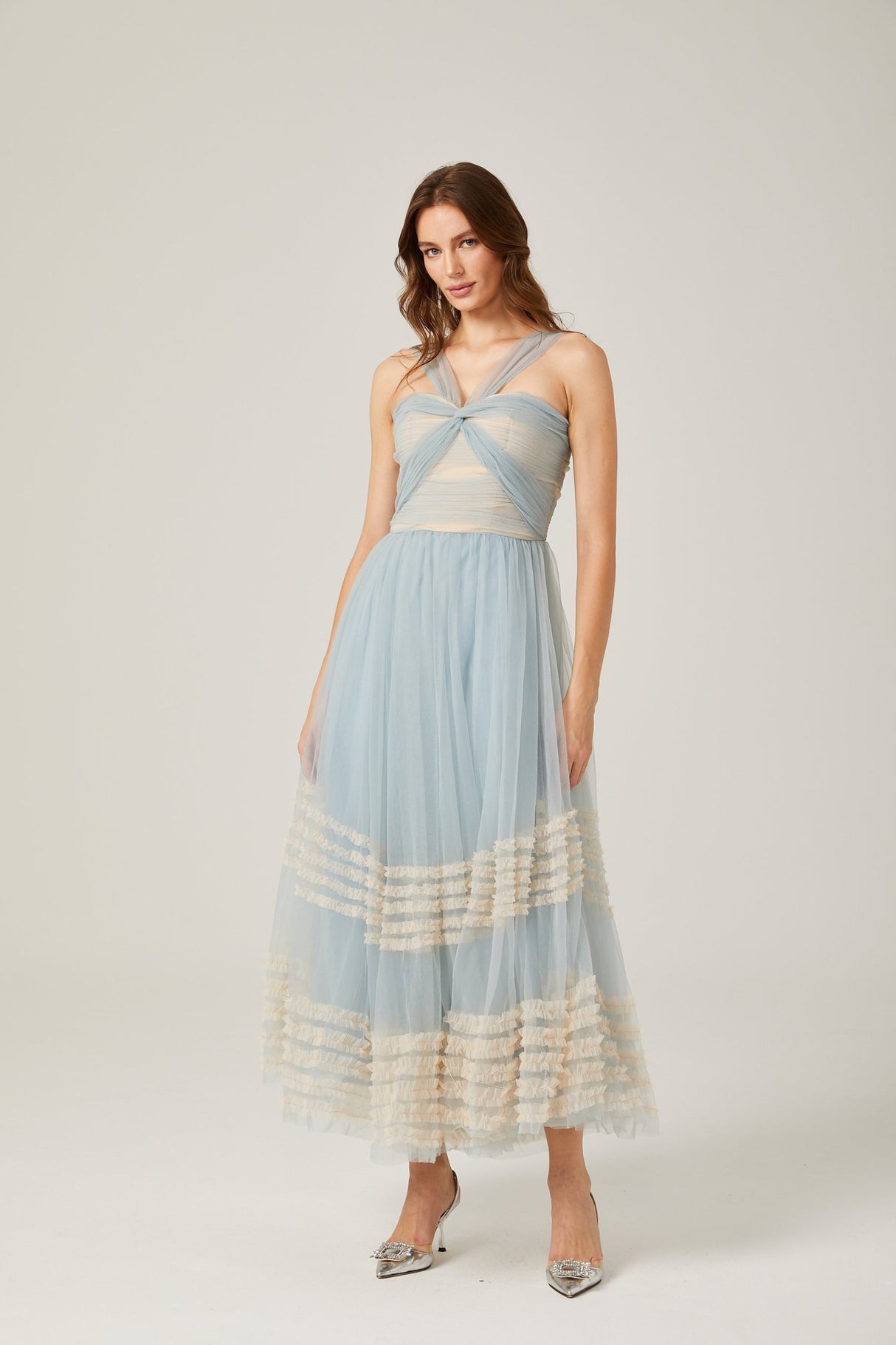 Valeria Maxi Dress in Captivating Blue with Ruched Mesh Detail - Ruffled Pleats