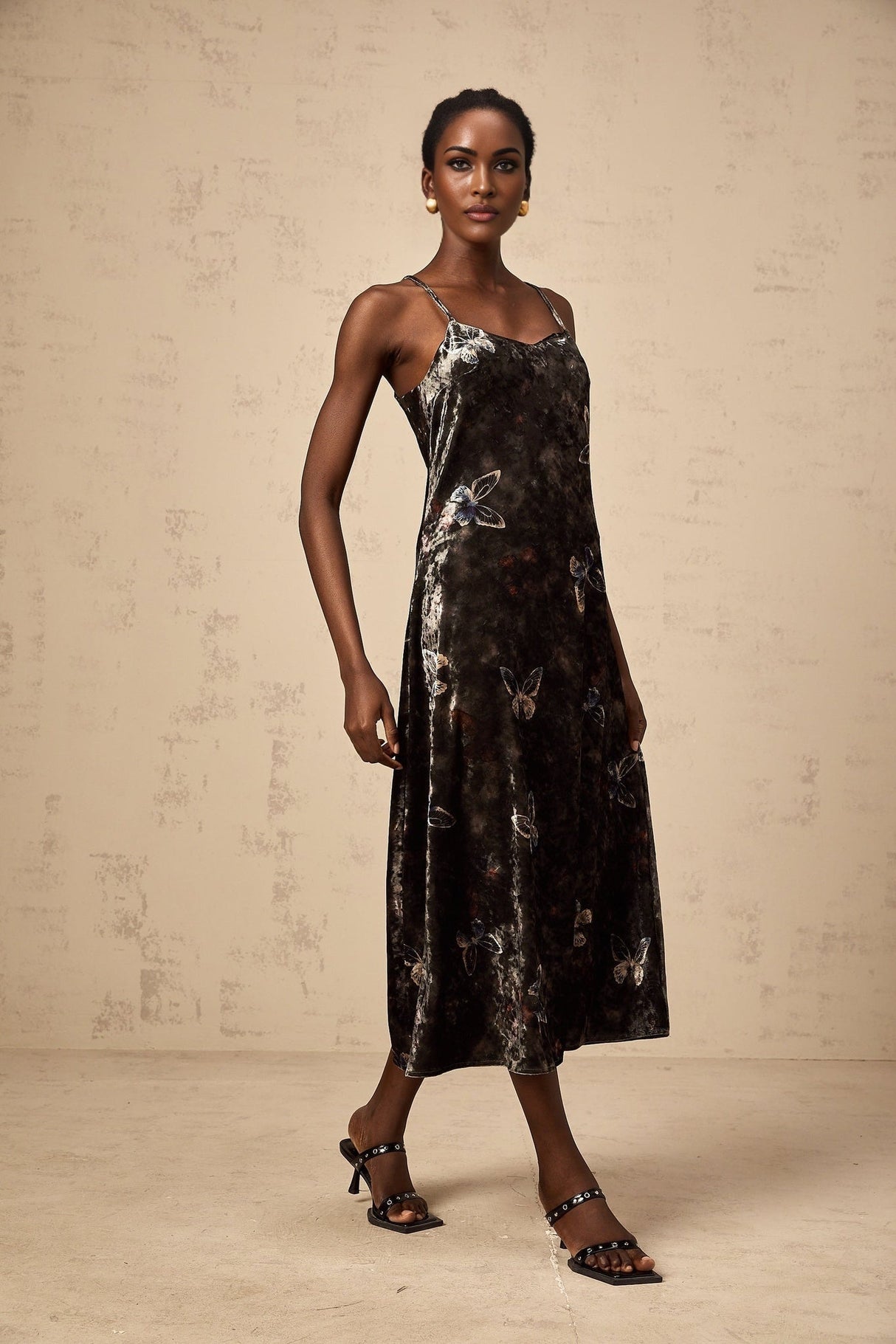 Valeria Midi Dress Velvet Butterfly Print VNeck Black Multicolor