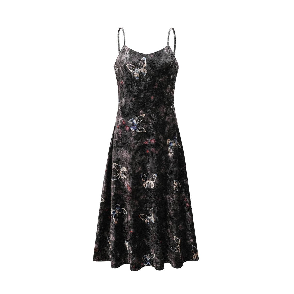 Valeria Midi Dress Velvet Butterfly Print VNeck Black Multicolor