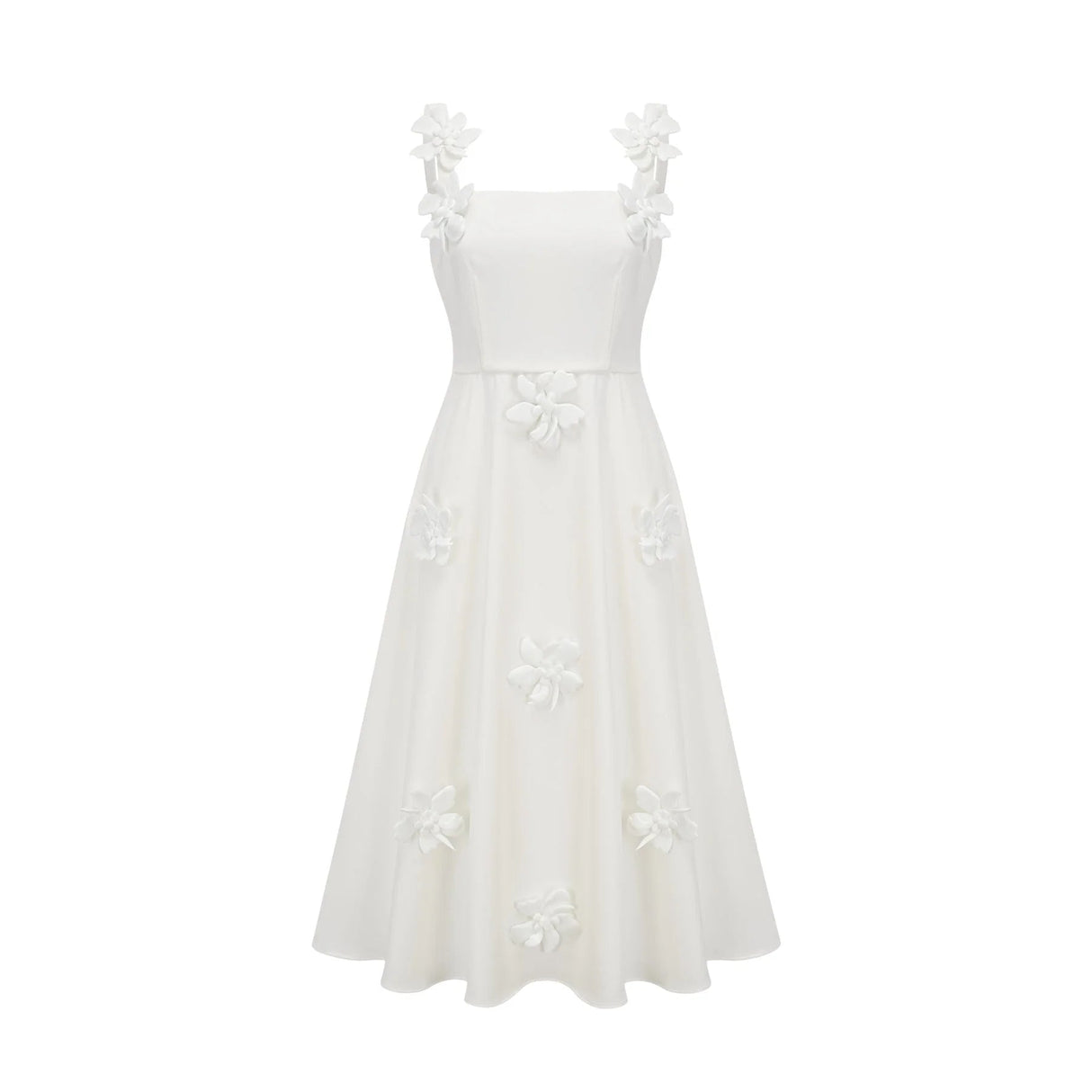 Valeria Midi Dress White Faux - Flower Square - Neck
