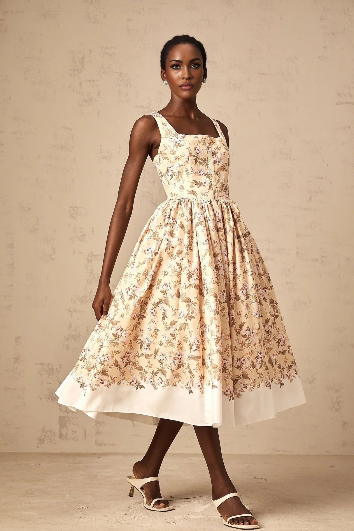 Valeria Midi Dress Yellow Floral Print Buttoned Front Slit - Elegant Pleat