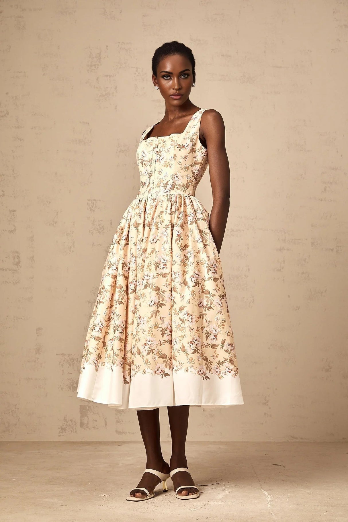 Valeria Midi Dress Yellow Floral Print Buttoned Front Slit - Elegant Pleat