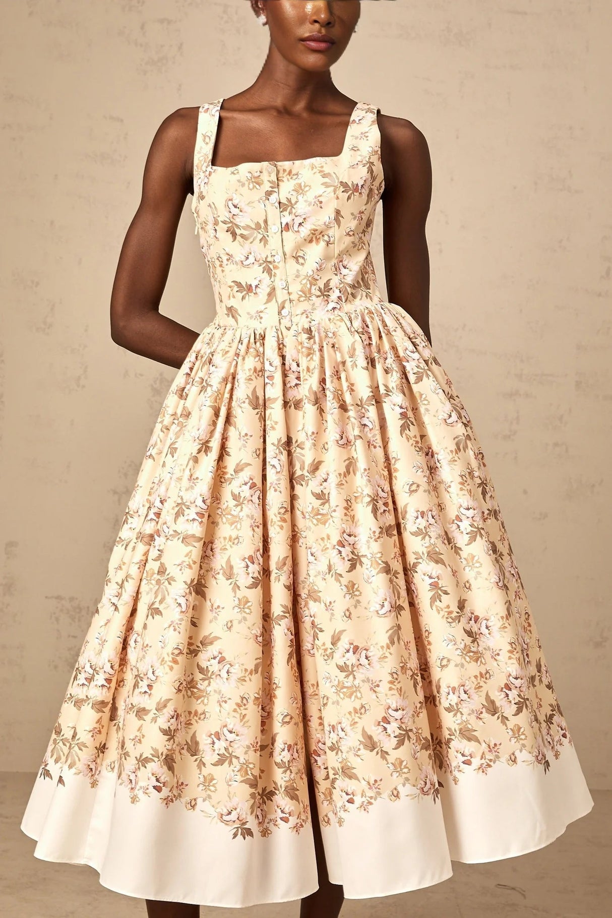 Valeria Midi Dress Yellow Floral Print Buttoned Front Slit - Elegant Pleat