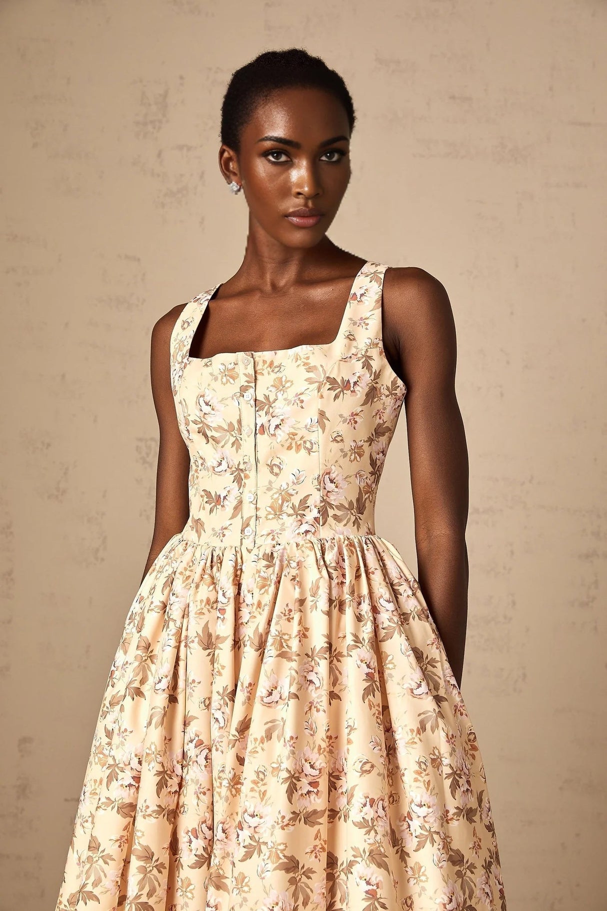 Valeria Midi Dress Yellow Floral Print Buttoned Front Slit - Elegant Pleat