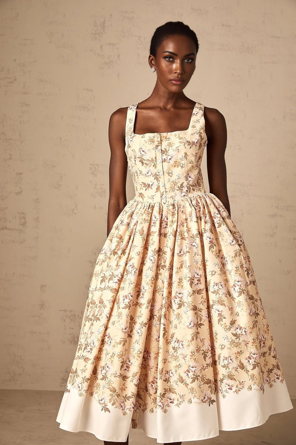 Valeria Midi Dress Yellow Floral Print Buttoned Front Slit - Elegant Pleat