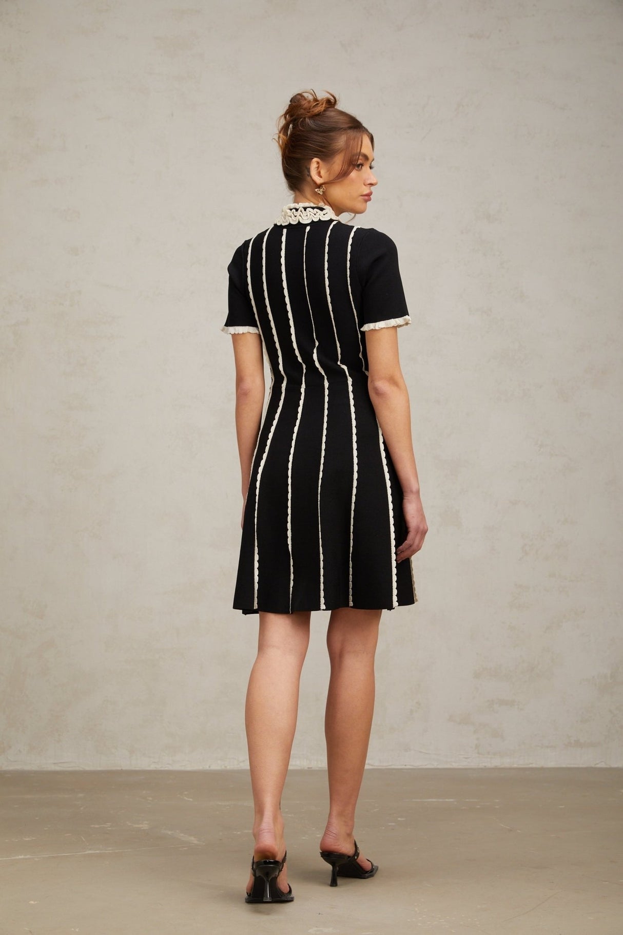 Valeria Mini Dress Black White Striped Ruffle A - Line