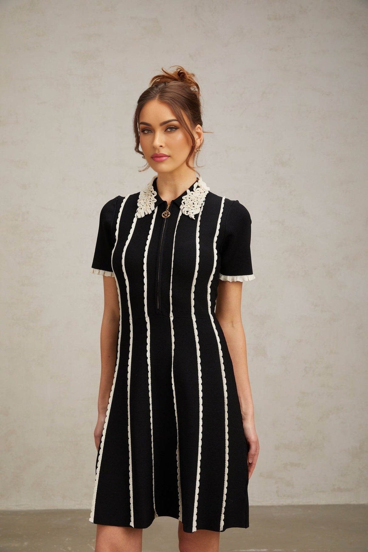 Valeria Mini Dress Black White Striped Ruffle A - Line