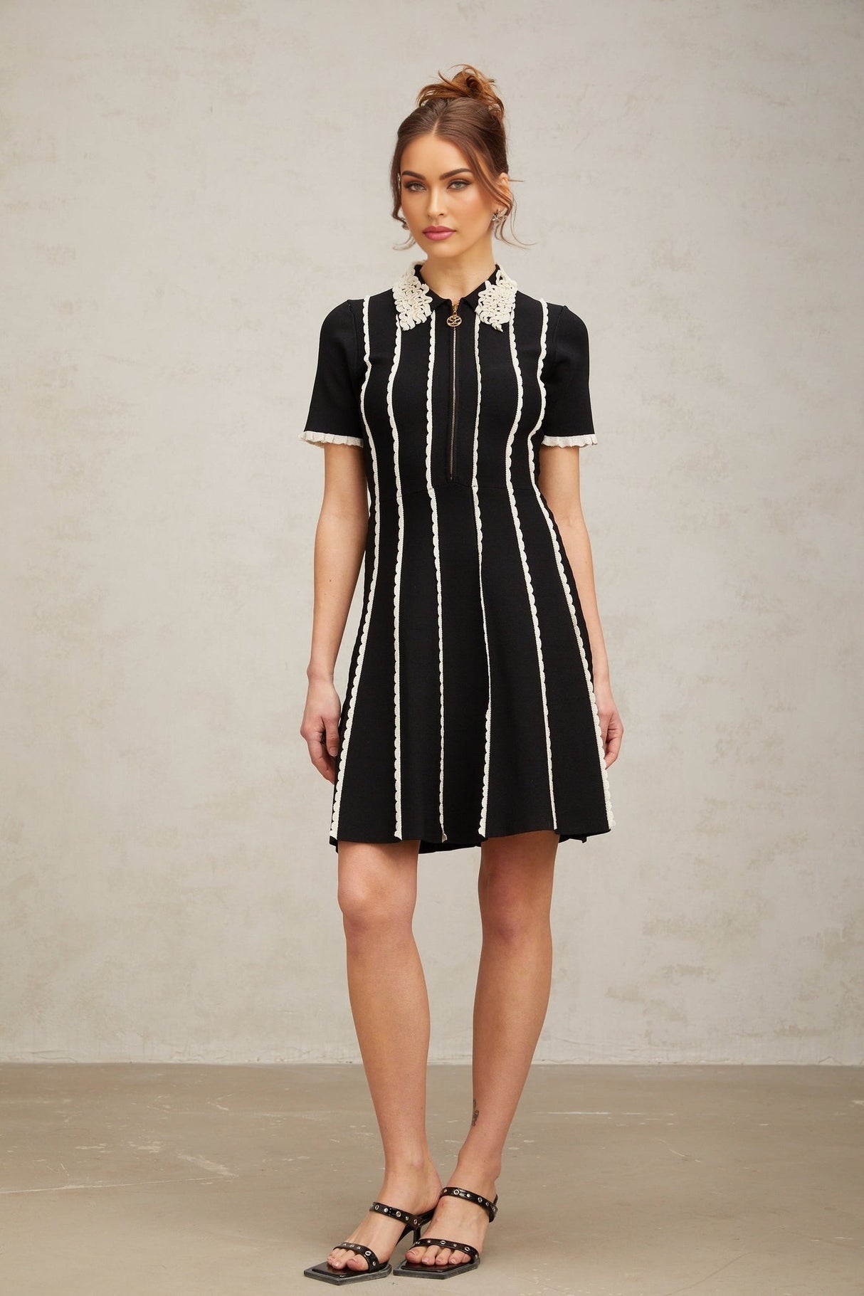 Valeria Mini Dress Black White Striped Ruffle A - Line