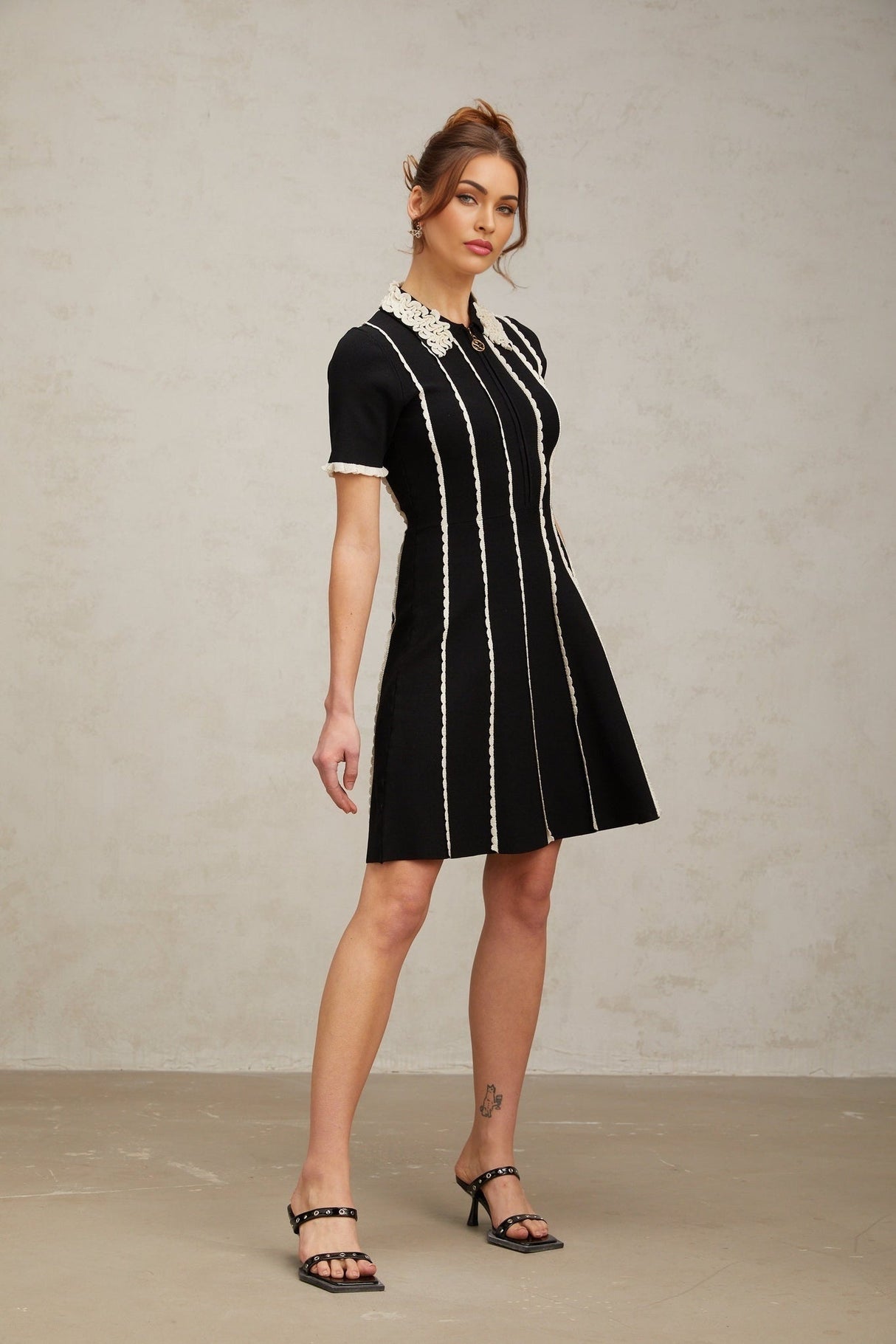 Valeria Mini Dress Black White Striped Ruffle A - Line