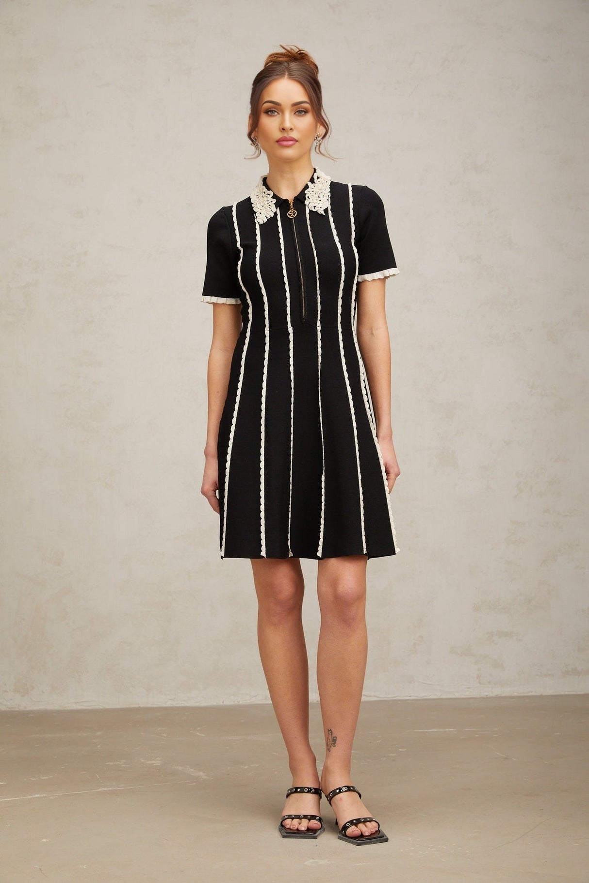 Valeria Mini Dress Black White Striped Ruffle A - Line