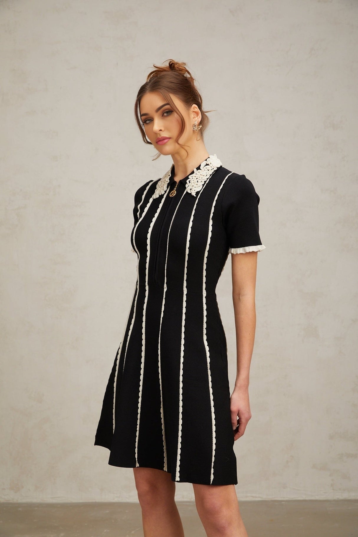 Valeria Mini Dress Black White Striped Ruffle A - Line