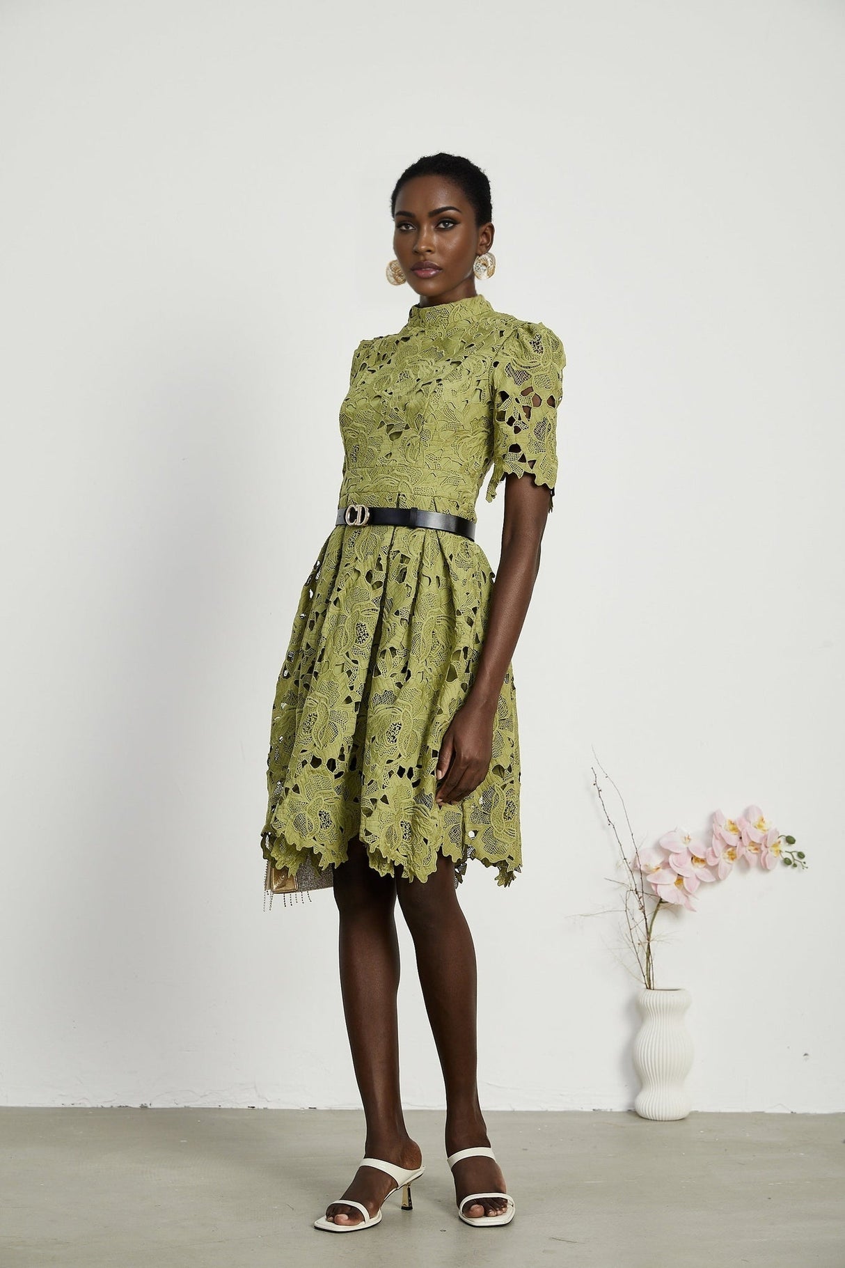Valérie Green Embroidered A - Line Mini Dress With Cutout Details