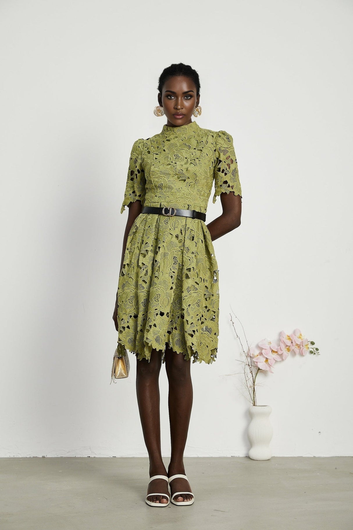 Valérie Green Embroidered A - Line Mini Dress With Cutout Details
