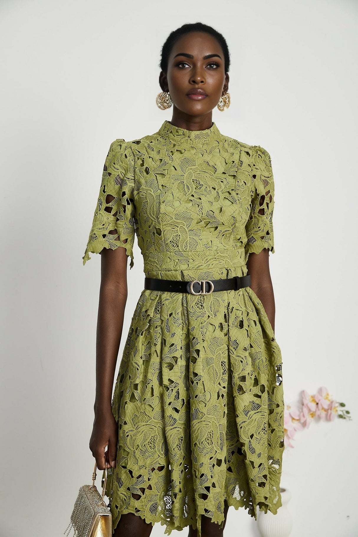 Valérie Green Embroidered A - Line Mini Dress With Cutout Details