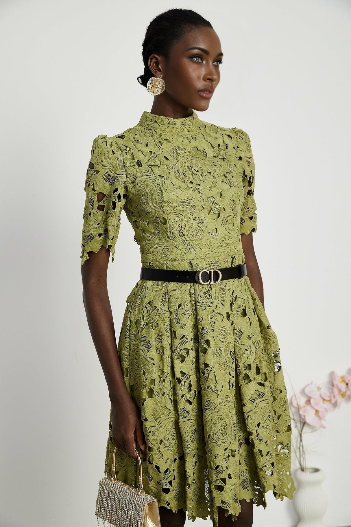 Valérie Green Embroidered A - Line Mini Dress With Cutout Details