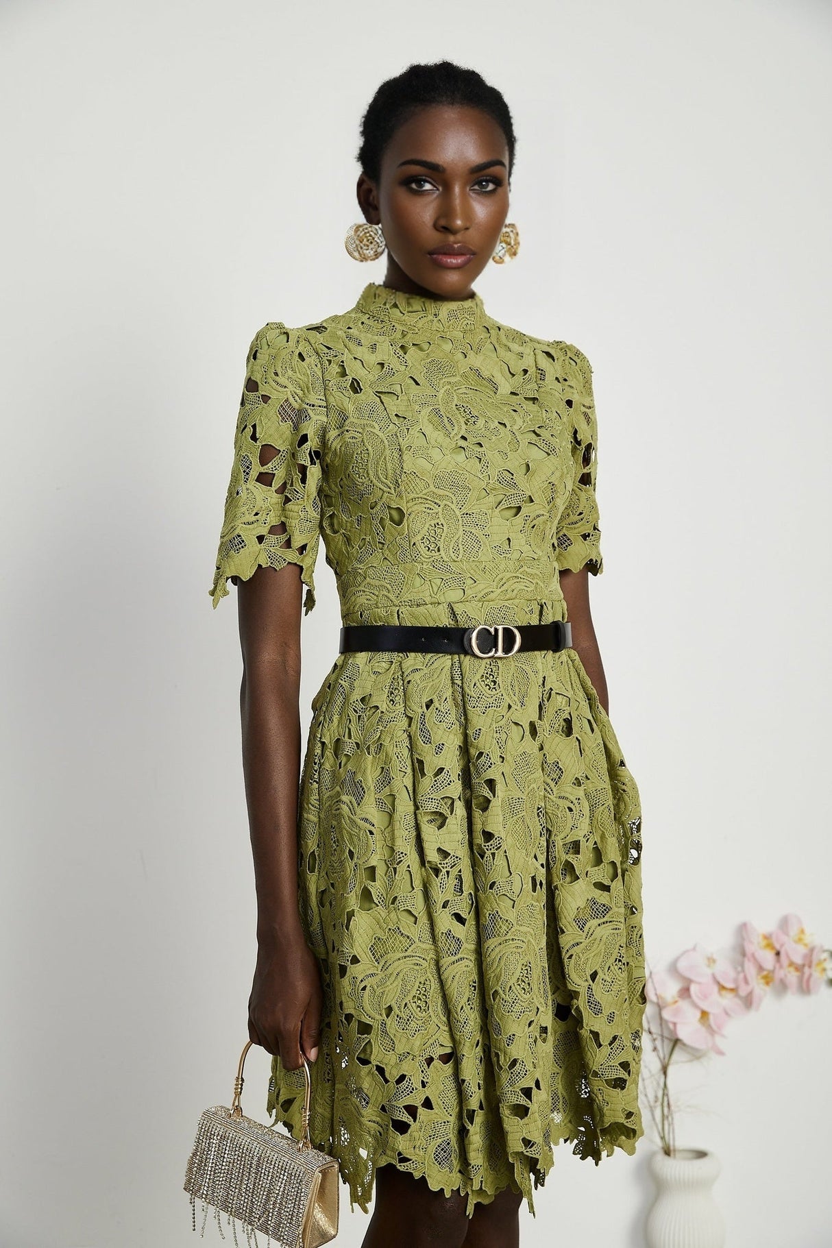 Valérie Green Embroidered A - Line Mini Dress With Cutout Details