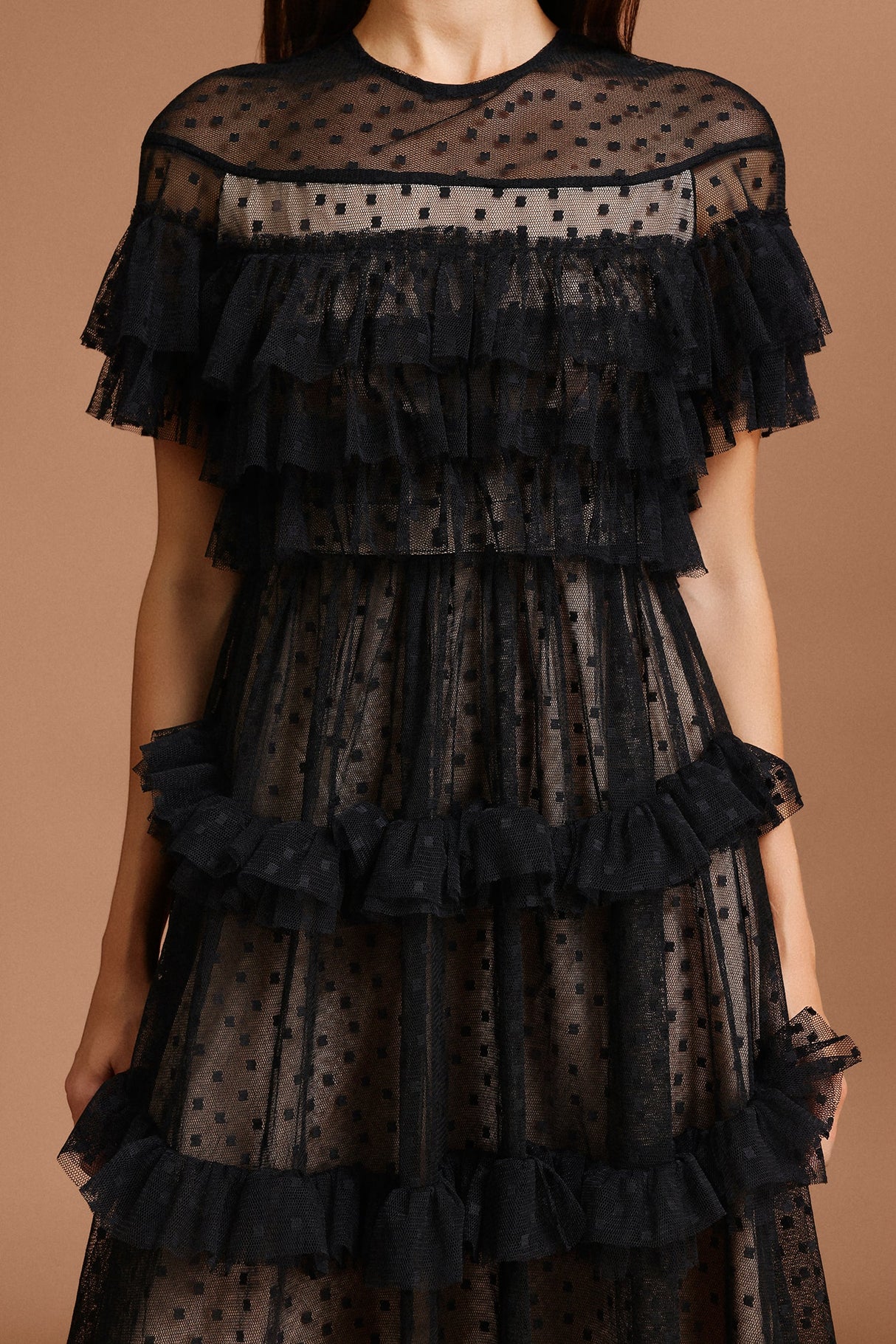 Vanessa Black Dot Print Ruffle Tiered Dress
