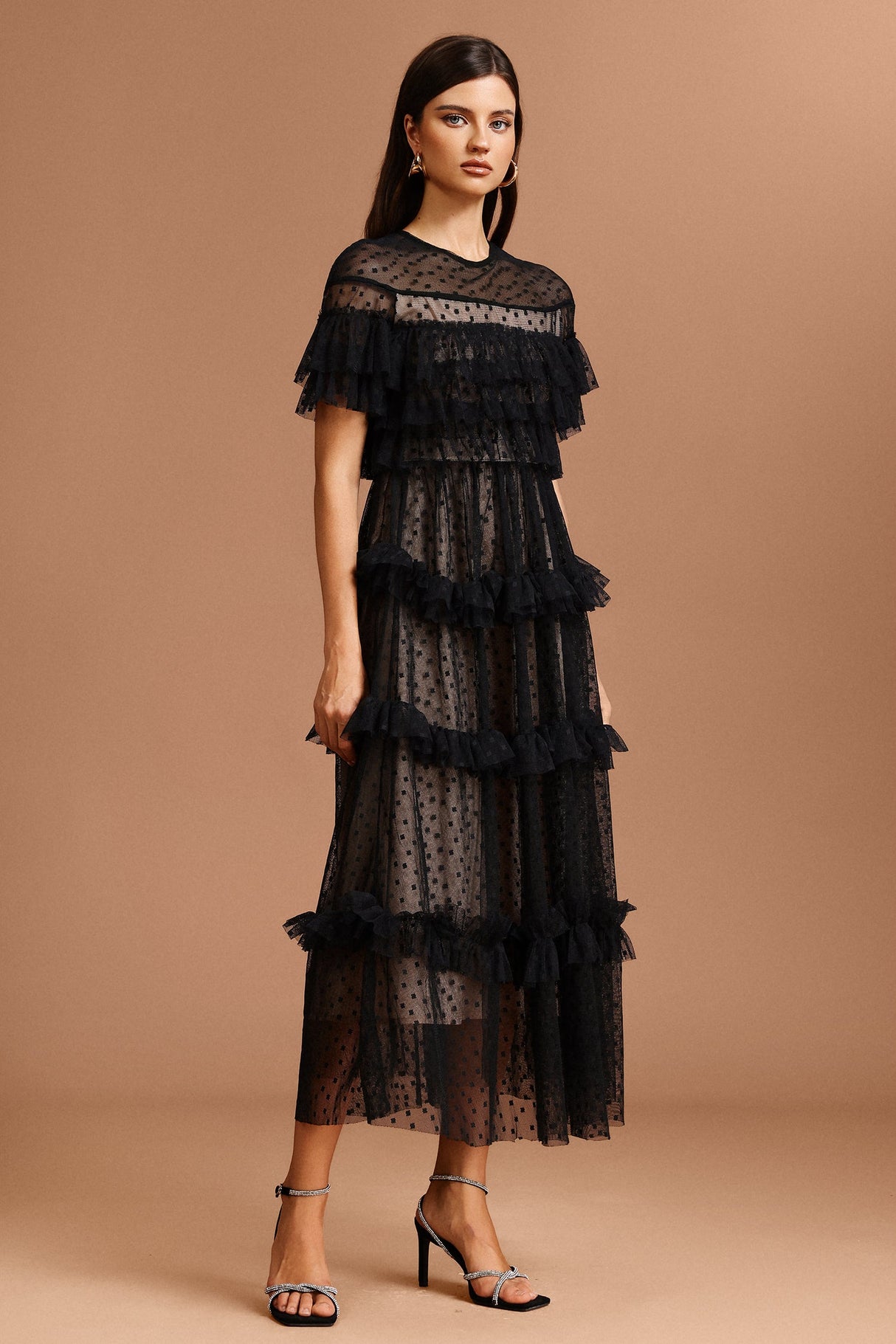 Vanessa Black Dot Print Ruffled Dress for Women