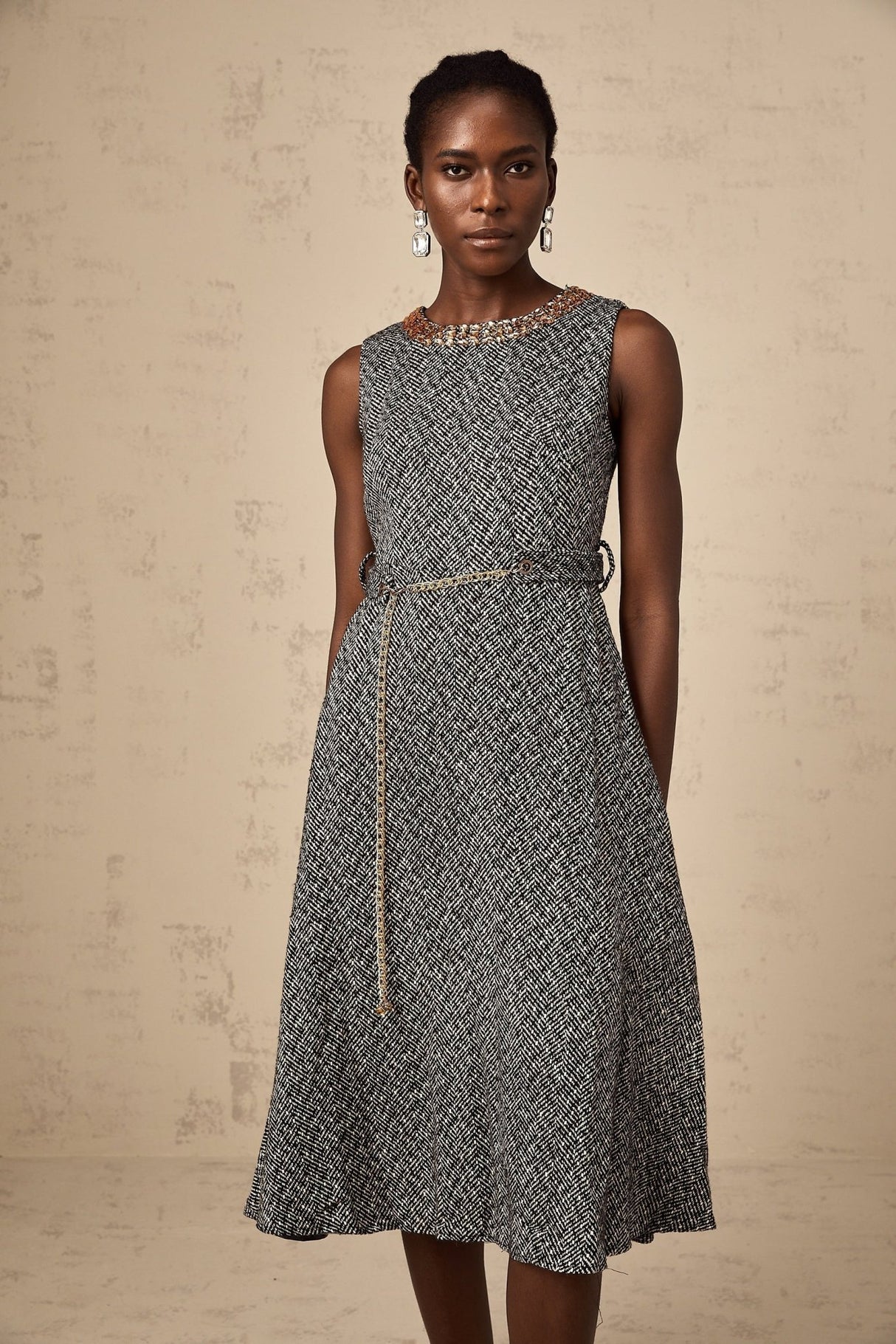 Vanessa Midi Dress Crystal Embellished Chain Link Flare Waist in Grey