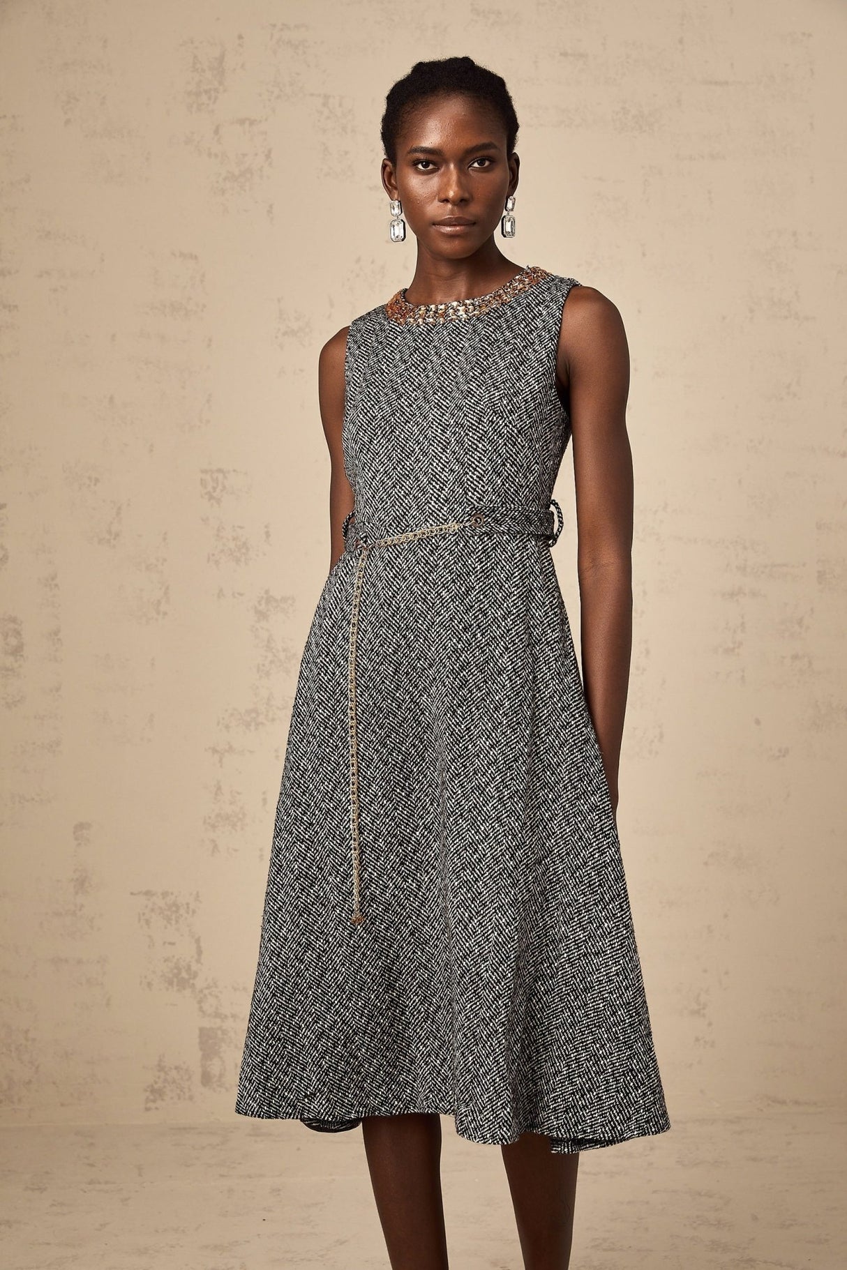 Vanessa Midi Dress Crystal Embellished Chain Link Flare Waist in Grey