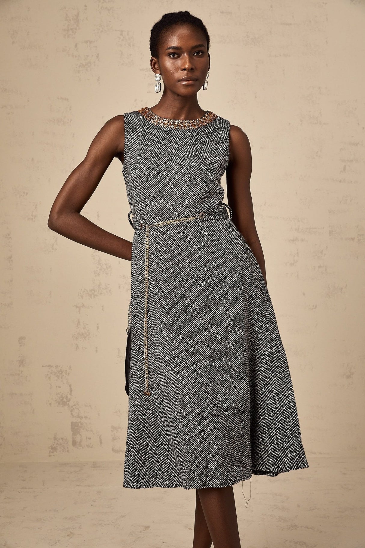 Vanessa Midi Dress Crystal Embellished Chain Link Flare Waist in Grey