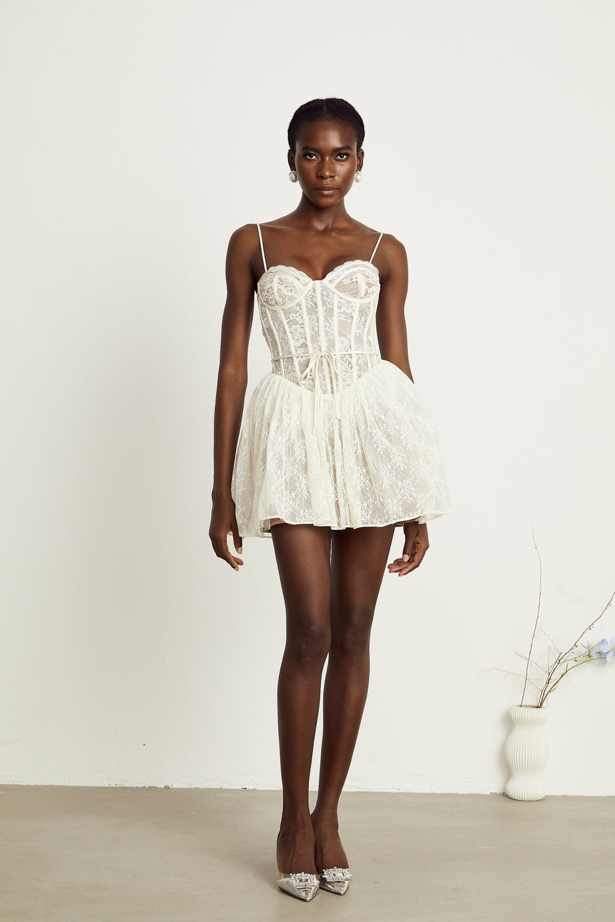 Vanessa Mini Dress Lace Corset White Pleated & Strap