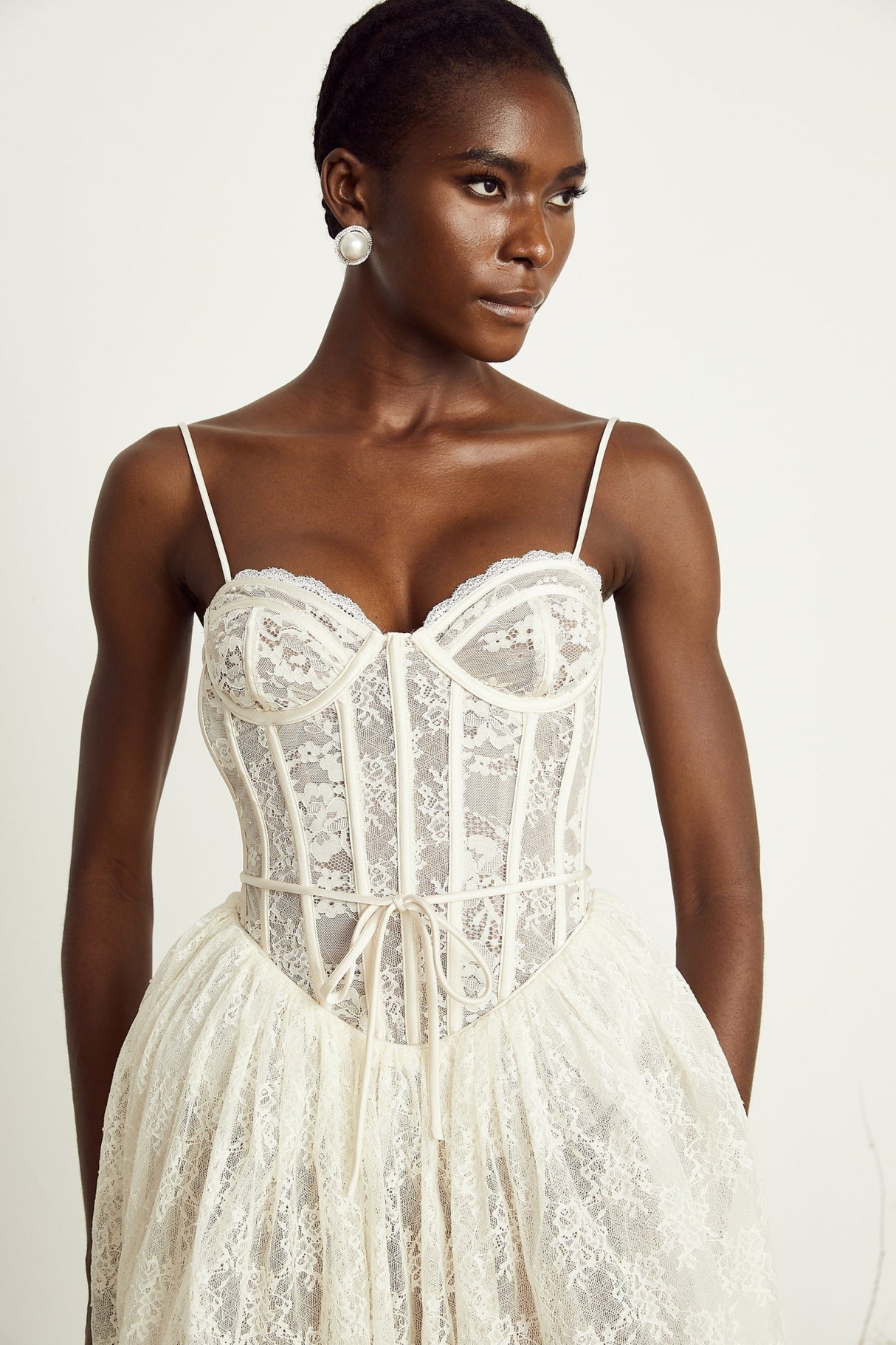 Vanessa Mini Dress Lace Corset White Pleated & Strap
