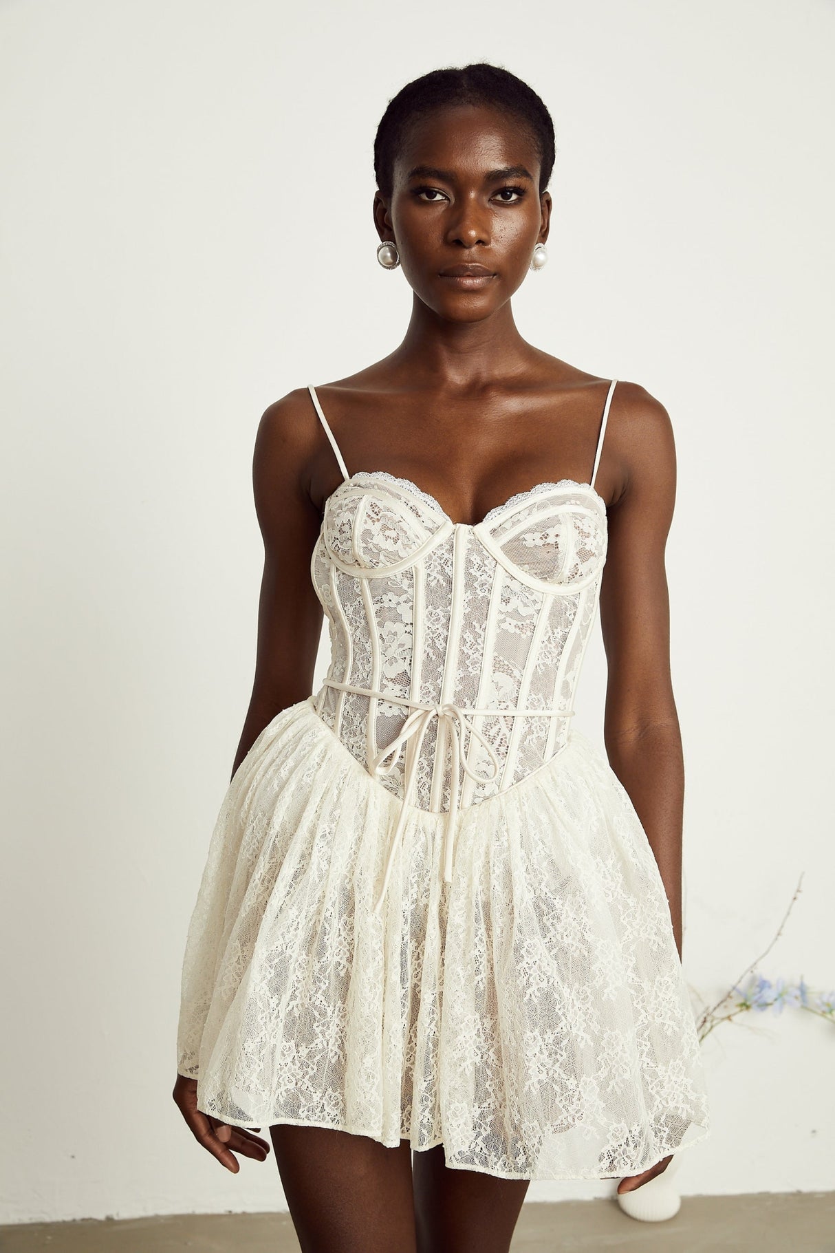 Vanessa Mini Dress Lace Corset White Pleated & Strap