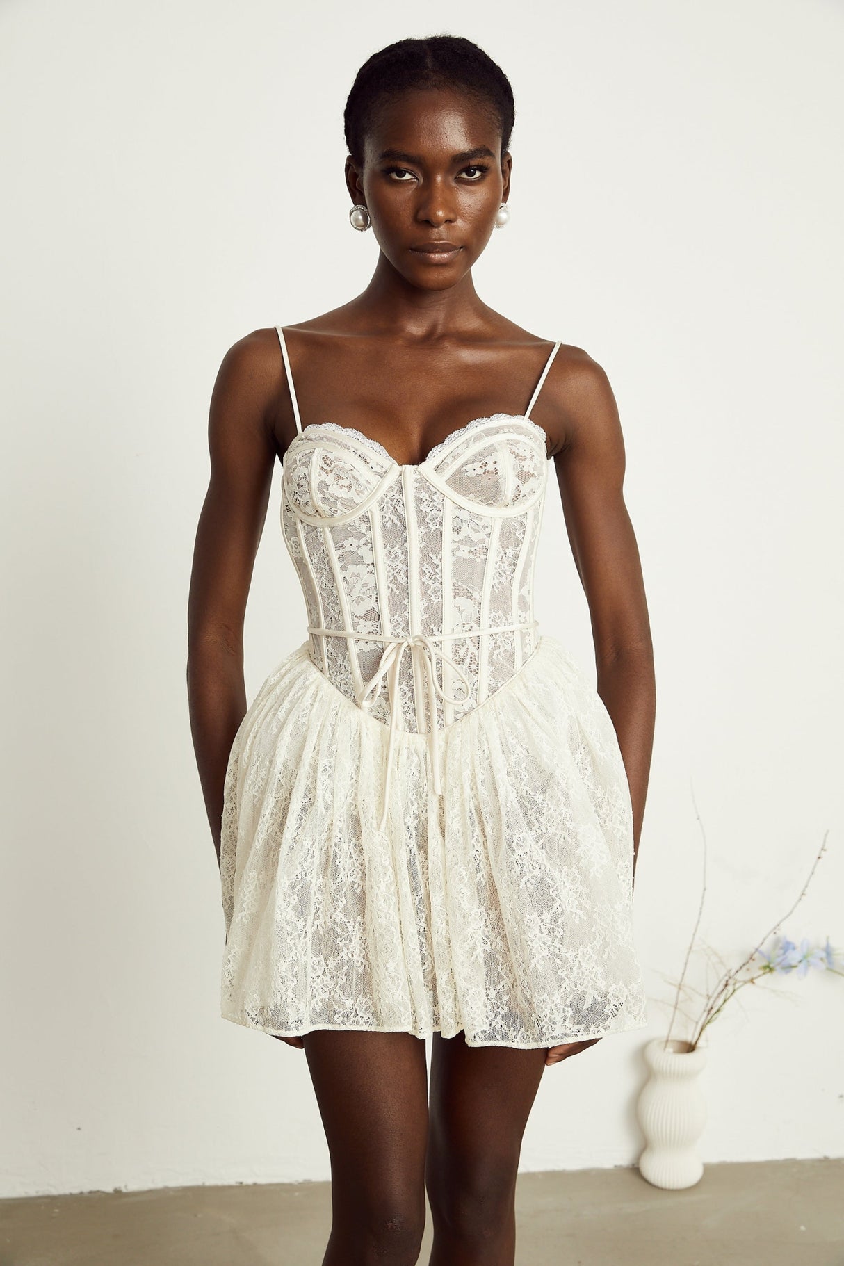Vanessa Mini Dress Lace Corset White Pleated & Strap