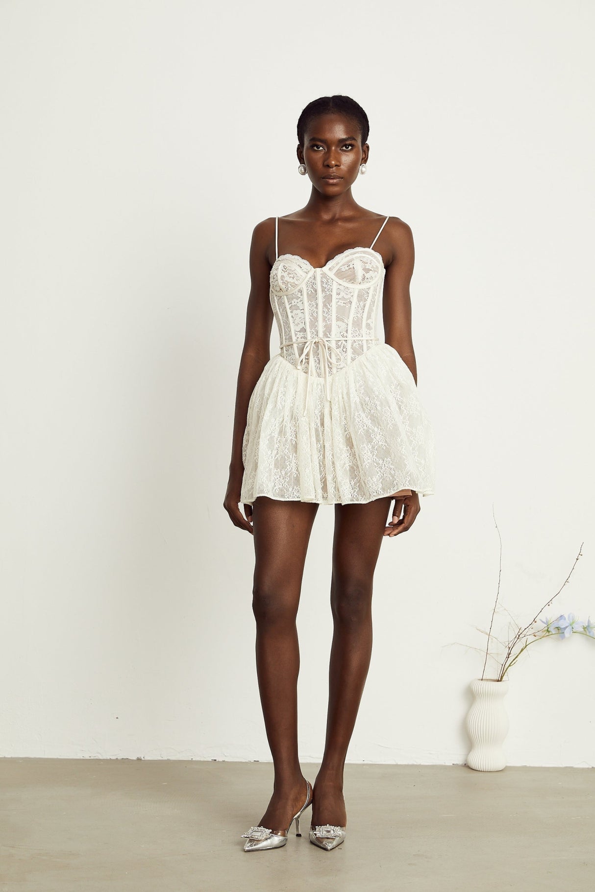 Vanessa Mini Dress Lace Corset White Pleated & Strap