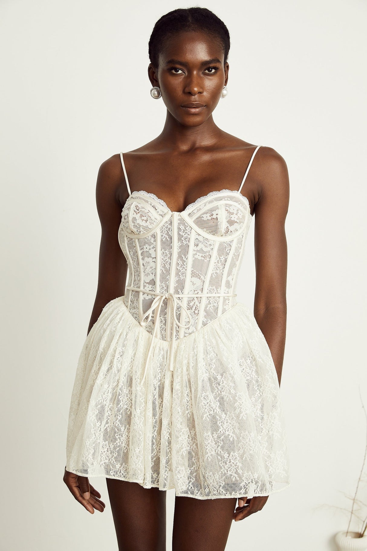 Vanessa Mini Dress Lace Corset White Pleated & Strap