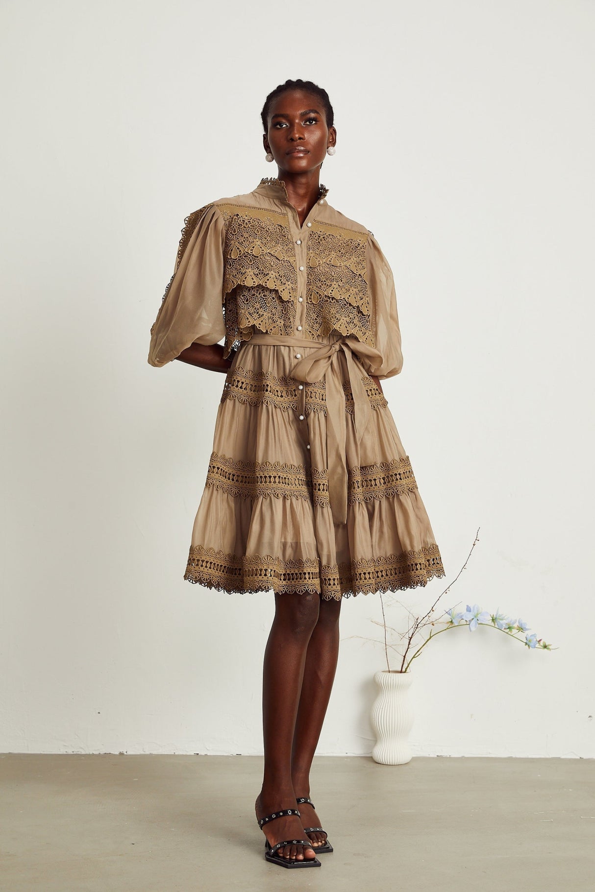 Vanessa Mini Dress Olive Green Lace Detail Flare & Layered