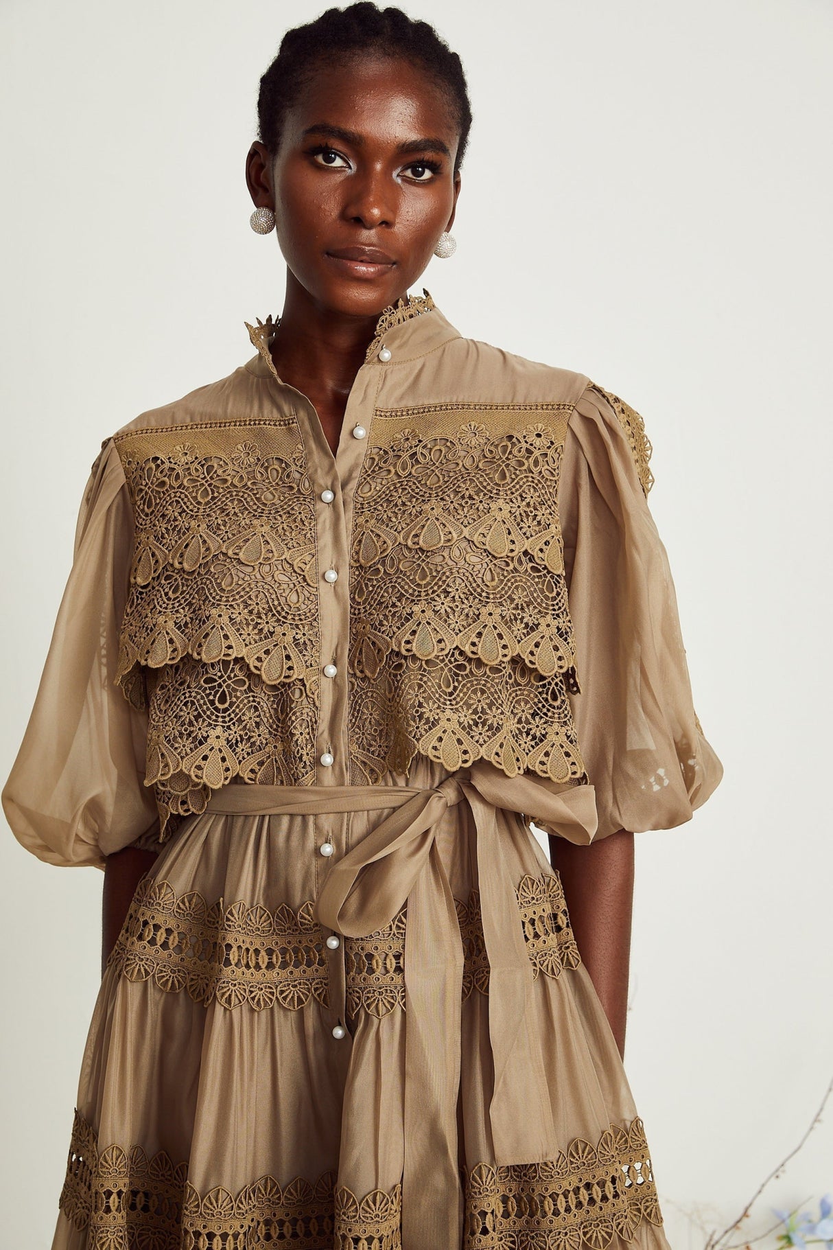 Vanessa Mini Dress Olive Green Lace Detail Flare & Layered