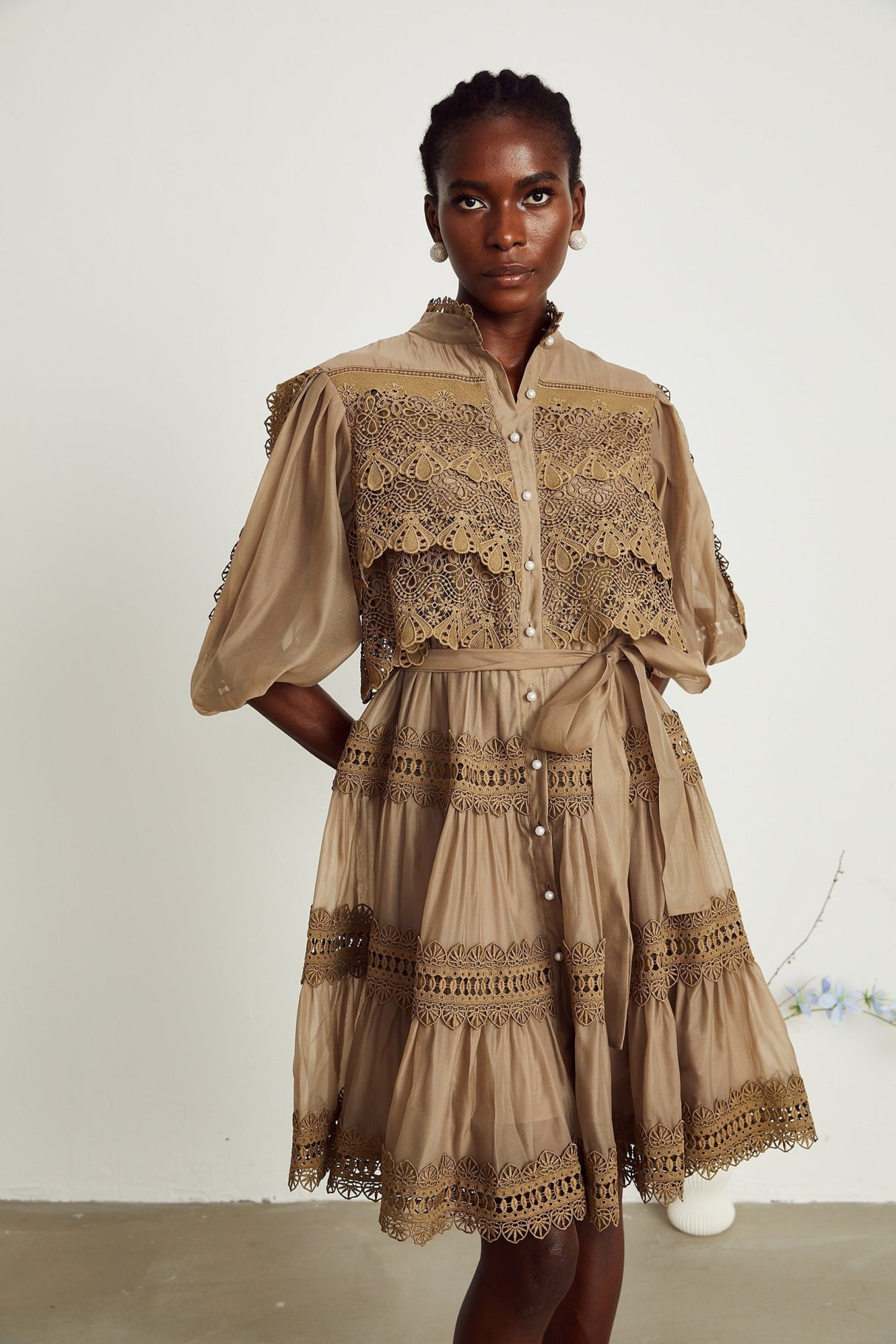 Vanessa Mini Dress Olive Green Lace Detail Flare & Layered