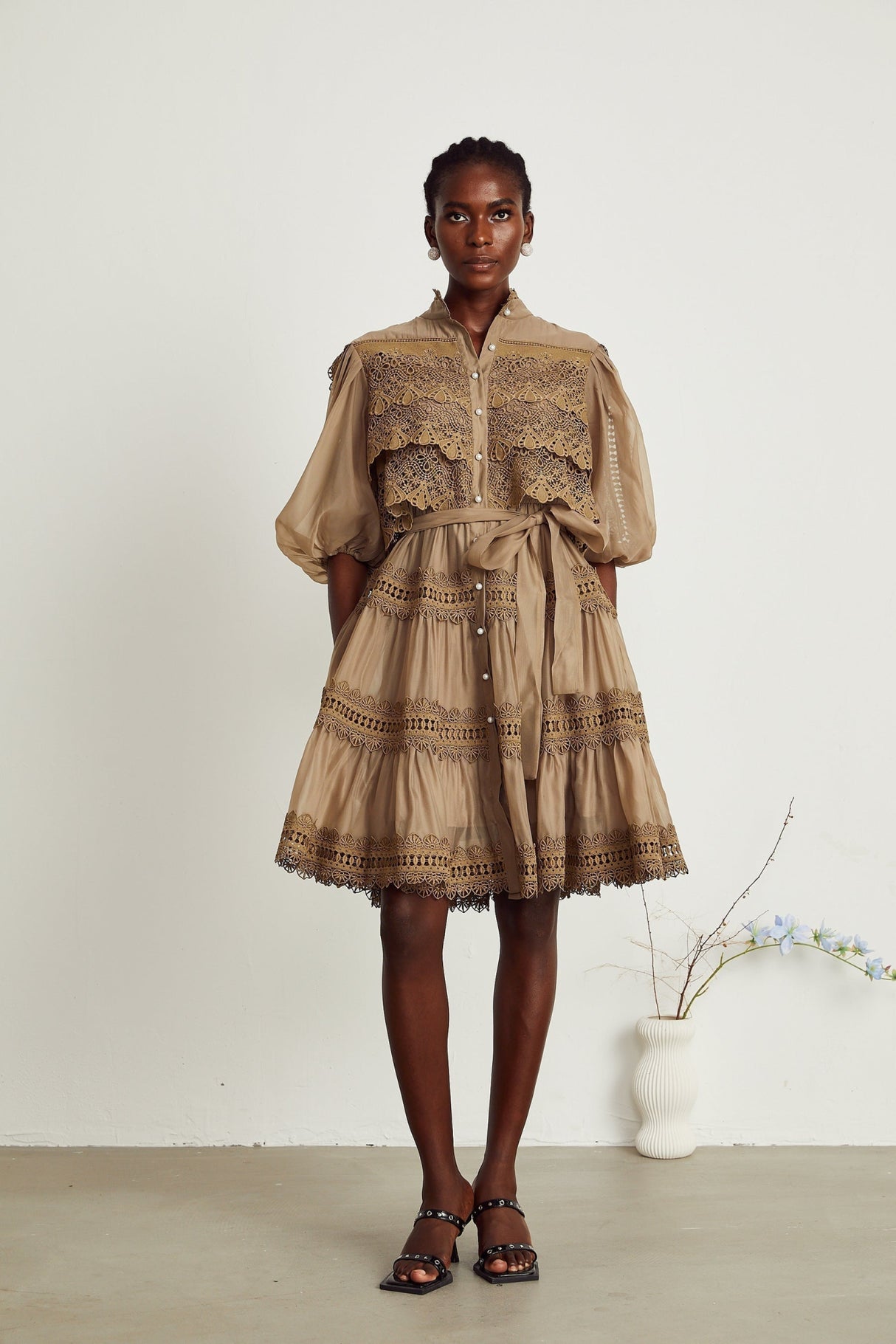 Vanessa Mini Dress Olive Green Lace Detail Flare & Layered