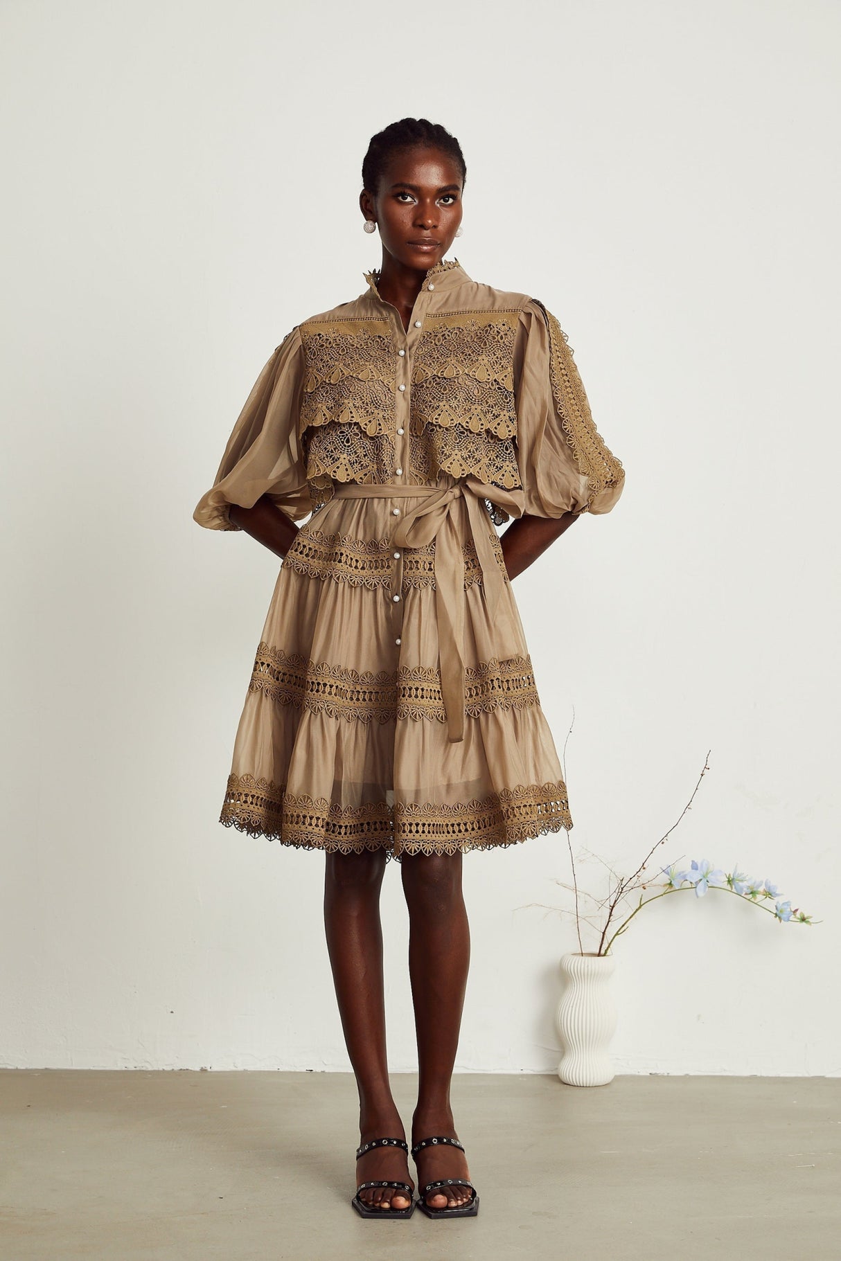 Vanessa Mini Dress Olive Green Lace Detail Flare & Layered