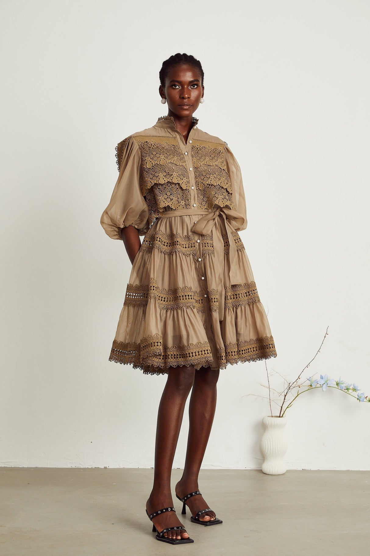 Vanessa Mini Dress Olive Green Lace Detail Flare & Layered