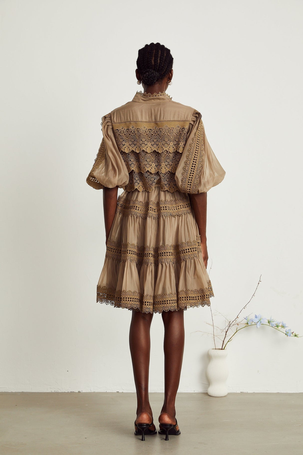 Vanessa Mini Dress Olive Green Lace Detail Flare & Layered