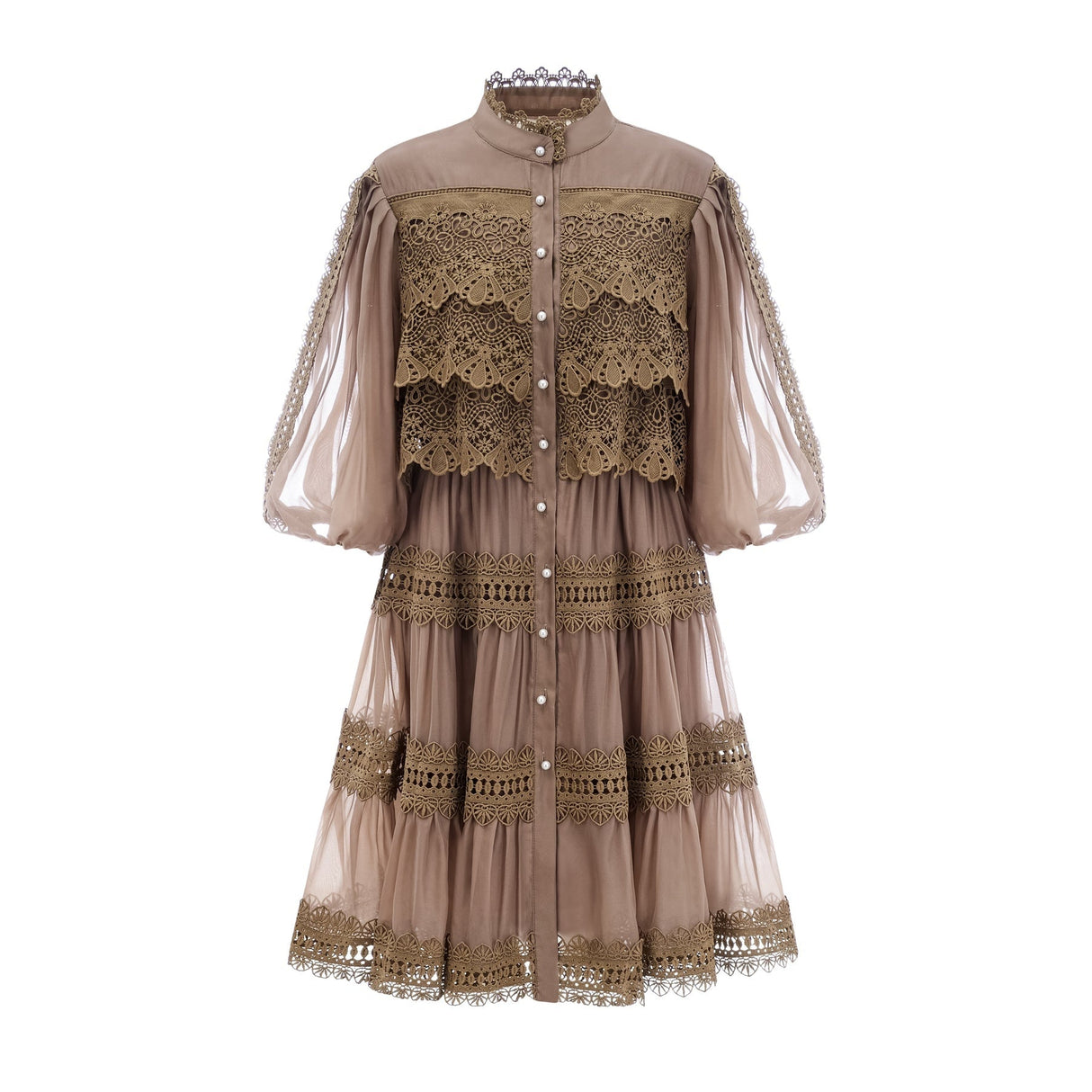 Vanessa Mini Dress Olive Green Lace Detail Flare & Layered