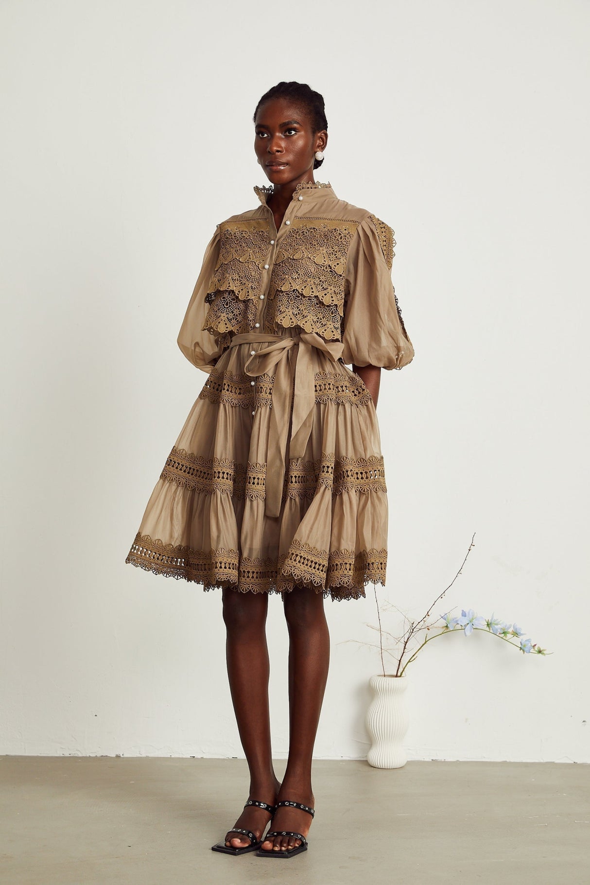 Vanessa Mini Dress Olive Green Lace Detail Flare & Layered