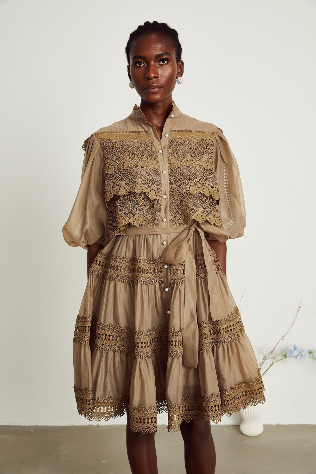 Vanessa Mini Dress Olive Green Lace Detail Flare & Layered