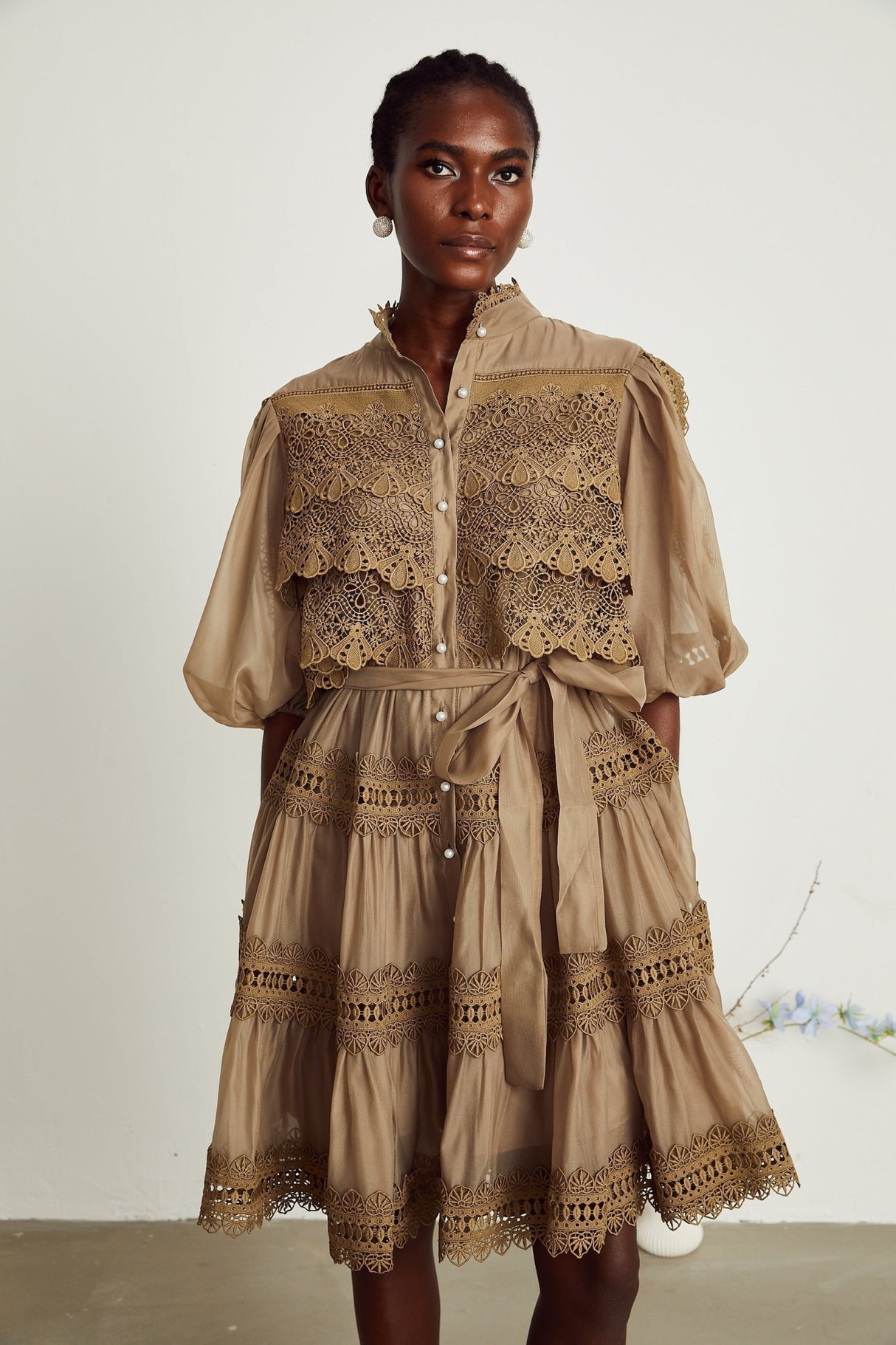 Vanessa Mini Dress Olive Green Lace Detail Flare & Layered